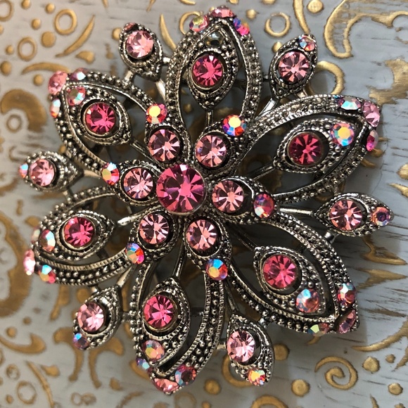 Jewelry - Costume Jewelry, Pink Rhinestone Floral Brooch Pin, Silver Brooch